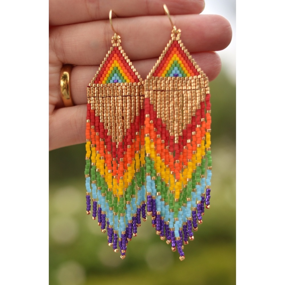 Rainbow and gold handbeaded earrings, long